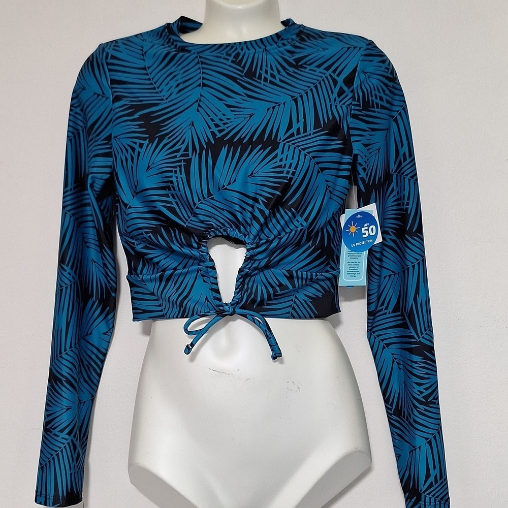 Wave Zone Long Sleeve Crop Rash Guard Swim Top Blue Black